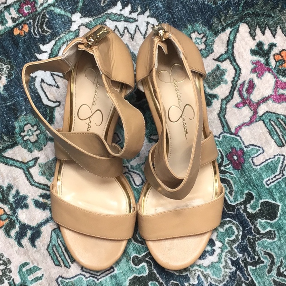 Jessica Simpson Jinxxi Tan Faux Leather Crisscross Wedge Sandals Sz 7.5 - Picture 10 of 13